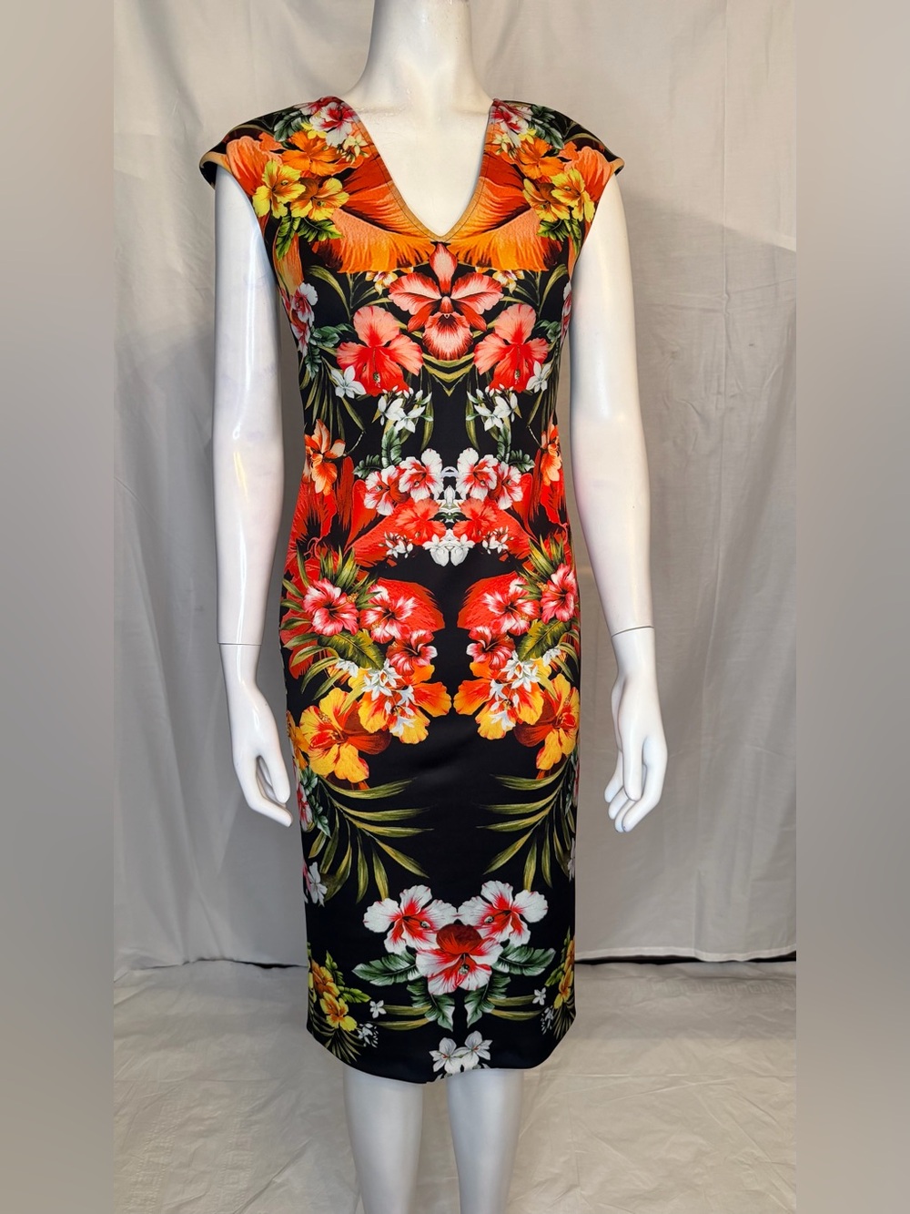 Home Collection Black Sheath Dress with Orange, Red & Yellow Floral Print